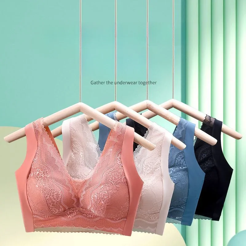 V-neck Lace Bras One-Piece Fixed Cup Bra No Steel Ring Thin Gathering Lingerie Female Sexy Anti-sagging Underwear Push Up Bra