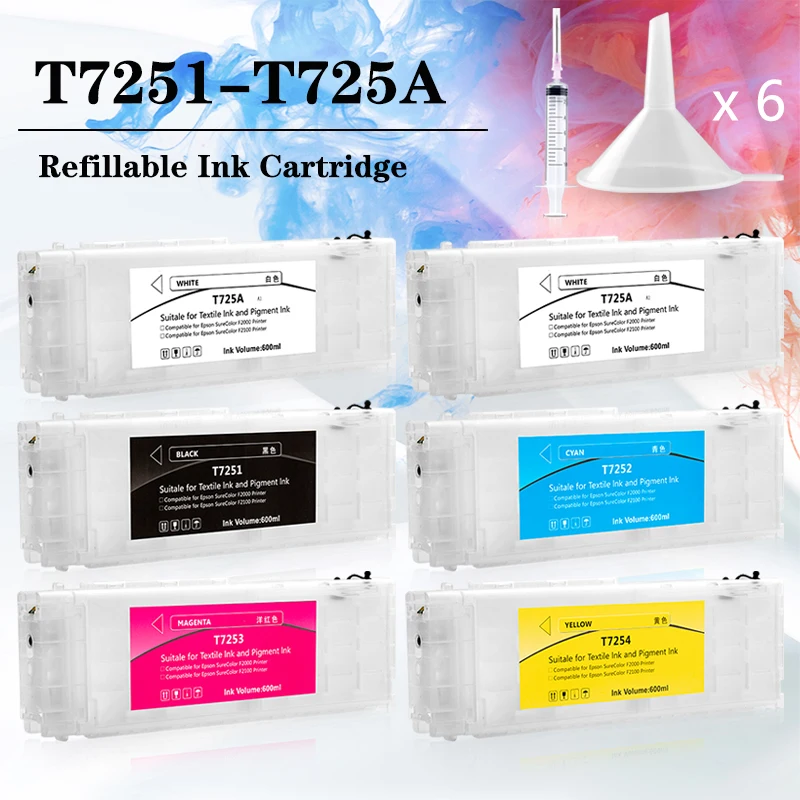 6PCS T7251 T7252 T7253 T7254 T725A Refillable Ink Cartridge With Chip For Epson F2000 F2100 F2130 F2140 F2150 F2160 Printer