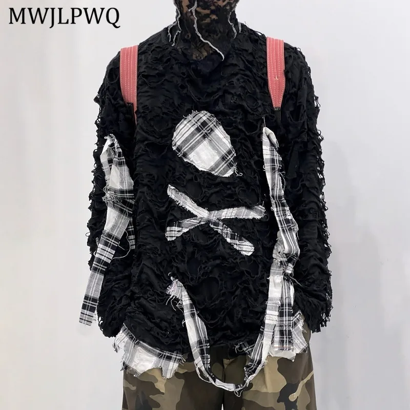

MWJLPWQ Hollow Out Destroy Design Black Plaid Jacket For Men High Street Round Collar Long Sleeve Women Loose Casual Tops 11288
