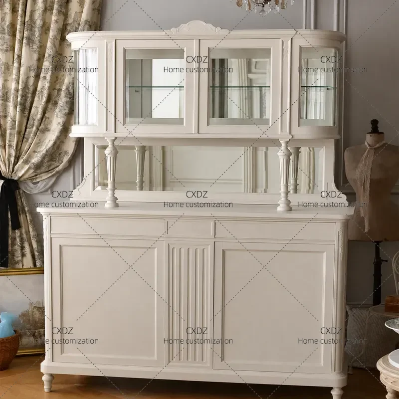 Solid Wood Carved Floral Dining Side Cabinet with Glass Doors Wall Mounted Storage Rack for Wine Bottles and Household Items