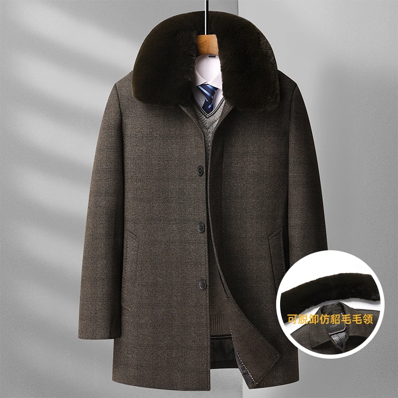 Men's Autumn/Winter 2025 Trench Coat Solid Color down Wool Coat Fur Collar Removable Size Warm Comfort Size M-4XL