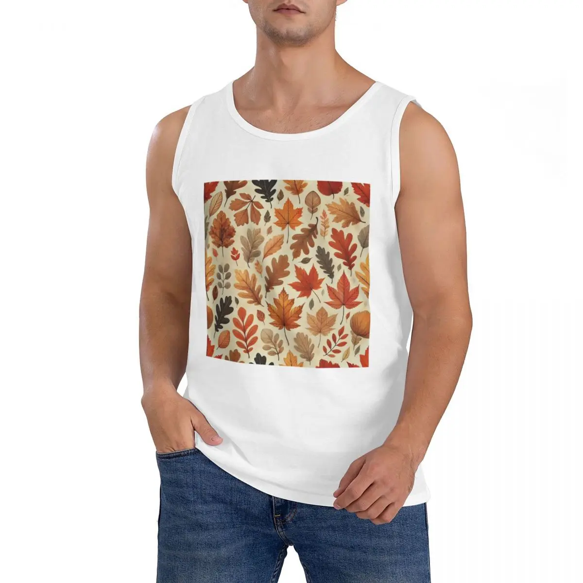 100% Cotton Autumn Leaves Sleeveless T-Shirt Men Workout Sports Clothing Tops Men's Crew Neck Vest