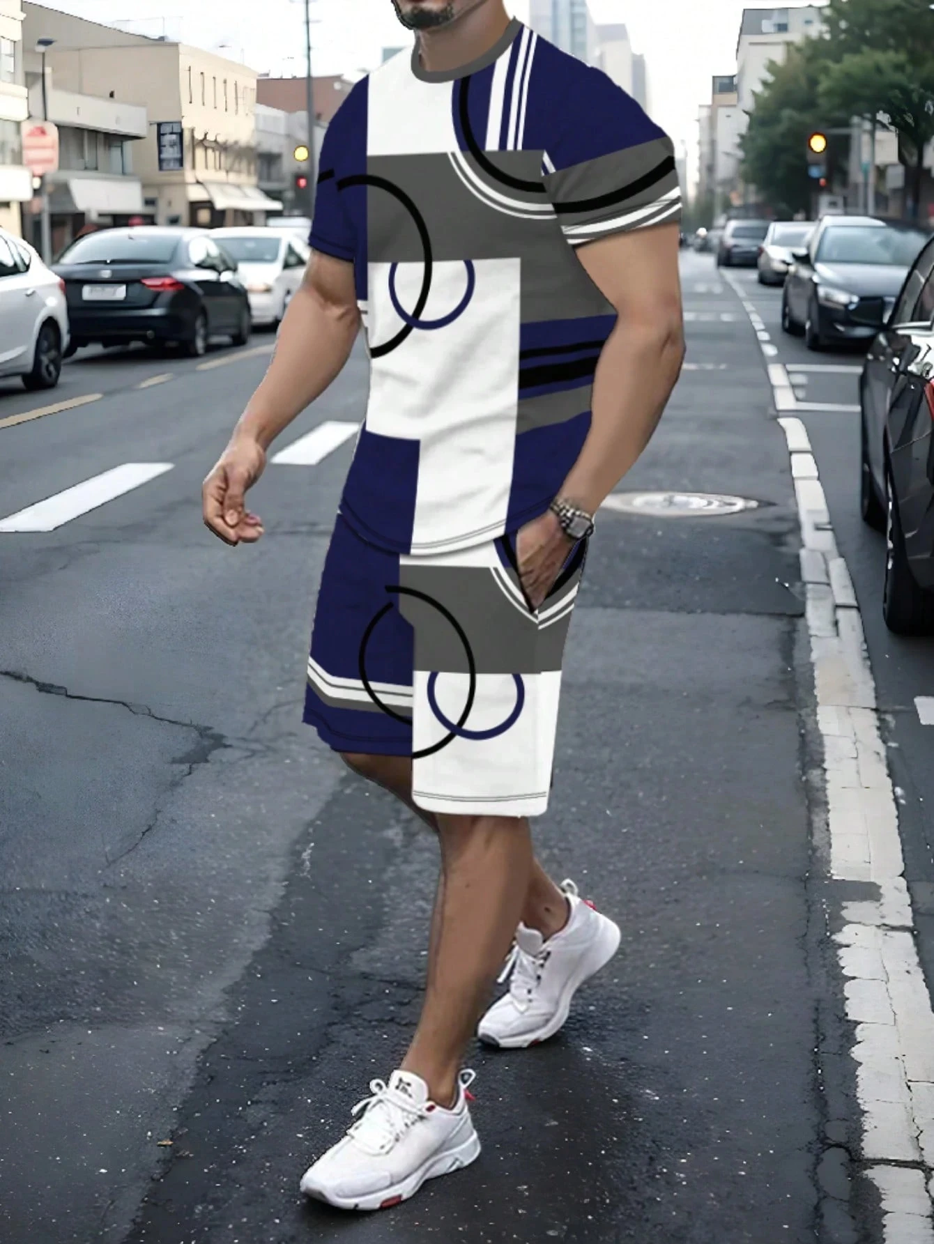 

Summer Street Men's Daily Casual Fashion Loose Comfortable Short Sleeve Outdoor Trend Shorts Gradually Change Stripe Printing