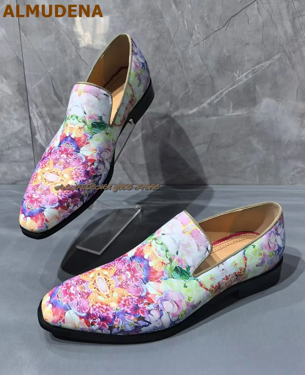 ALMUDENA Men's Multi-Color Flowers Printed Dress Shoes Luxury Pink Floral Blossom Suits Shoes Business Formal Footwear Loafers