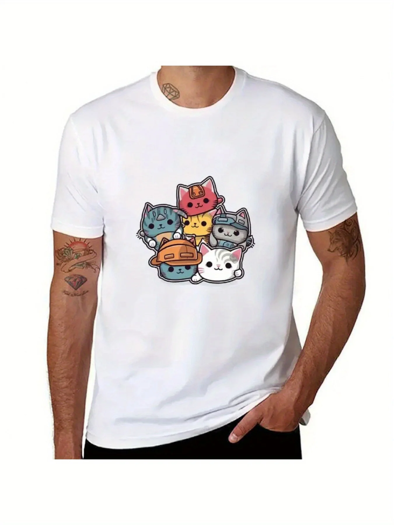 Catswhhardhats MEN'S sticker T-shirt graphic anime funny animal prinfor T-shirt