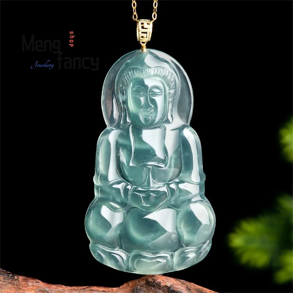 Natural A-goods Jadeite 18K Gold Buckle Head Blue Water Guanyin Jade Pendant High-grade Exquisite Luxury Quality Fashion Jewelry