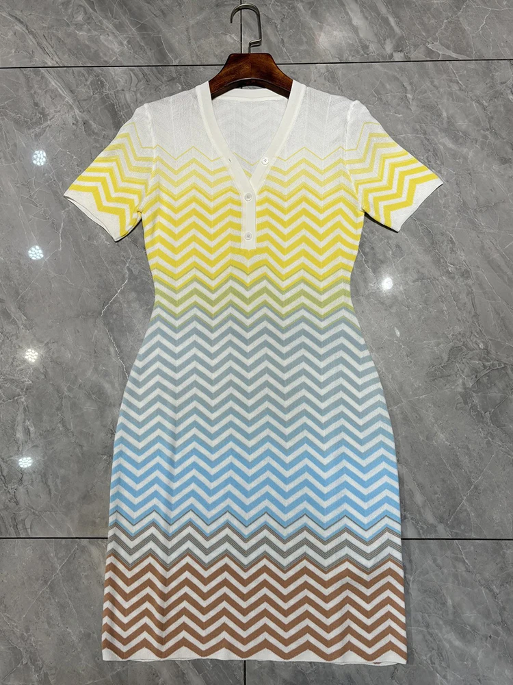 Spring Summer Fashion Party Zigzag Pattern Knitting Knee-Length Pencil Dress Women's O-Neck Button Short Sleeve Slim Dresses