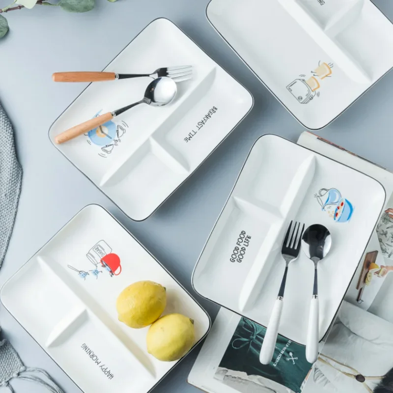 

Fruit Snacks Baby Food Tray Split Tray Fashion Simple Cartoon Fast Food Tray Nordic Rectangular Partition Plate Ceramic Dishes