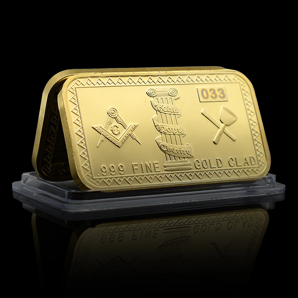 American Masonic Gilded Gold Nugget 1 Ounce Square Commemorative Coin Challenge Coin with Plastic Case Collect Gift
