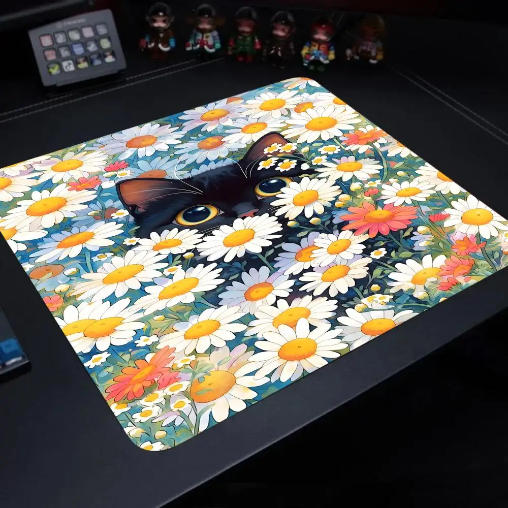 Black Cat Illustration Mouse Pad Small Office Table Mats Computer Accessories Washable Non-slip Rubber with Precision Lock Edge