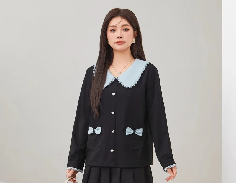 حجم كبير فتاة الحد من العمر الحلو بيتر بان طوق تنوعا محبوك قميص لطيف القوس أنيقة الدانتيل بسيطة أنيقة طويلة الأكمام أعلى