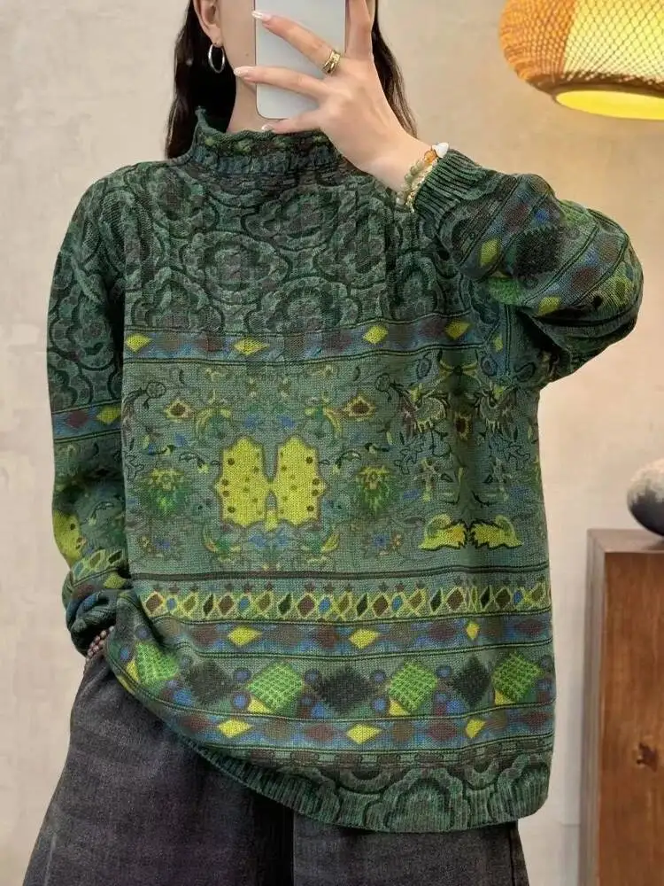 Amax LuluE 2024 Fashion Pullover Woman Winter Printed Loose Knitted Sweaters Vintage Turtleneck Oversized Classic Cotton Jumpers