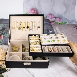 2 Layers Jewelry Storage Organizer Box with Lock & Velvet Ring Tray & Ear Studs Holder for Women Girls Necklace Display Case