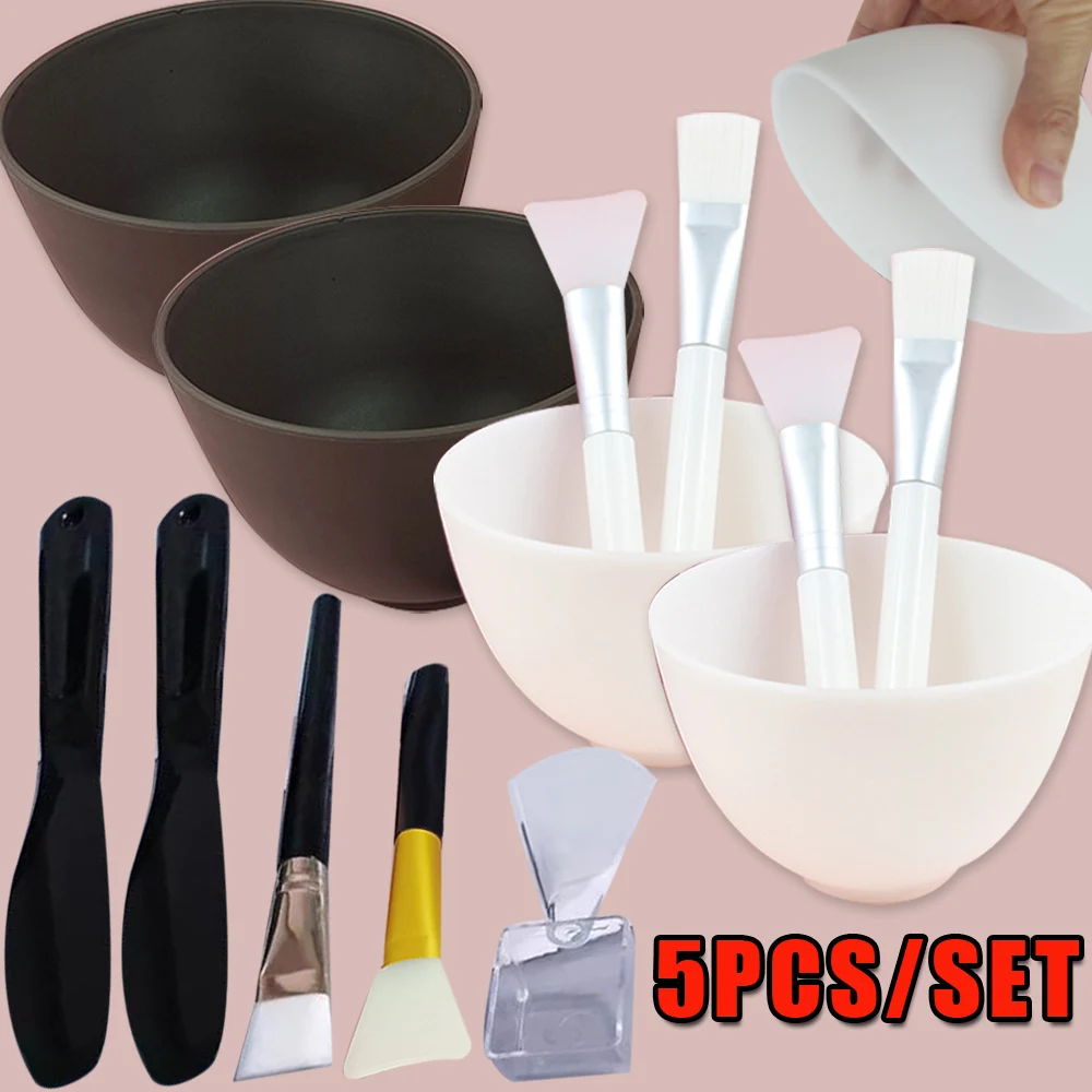 5 unids/set de tazones para mezclar mascarilla facial de silicona, cepillos limpios prácticos, espátula, cuchara medidora, suministros de belleza, herramientas de maquillaje portátiles