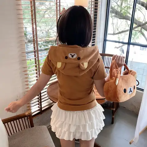 Karikatür Rilakkumas Ayı Hoodies Kızlar için Kawaii Korilakkuma Nakış Kısa Kollu Fermuar T gömlek Gevşek Kazak Tops