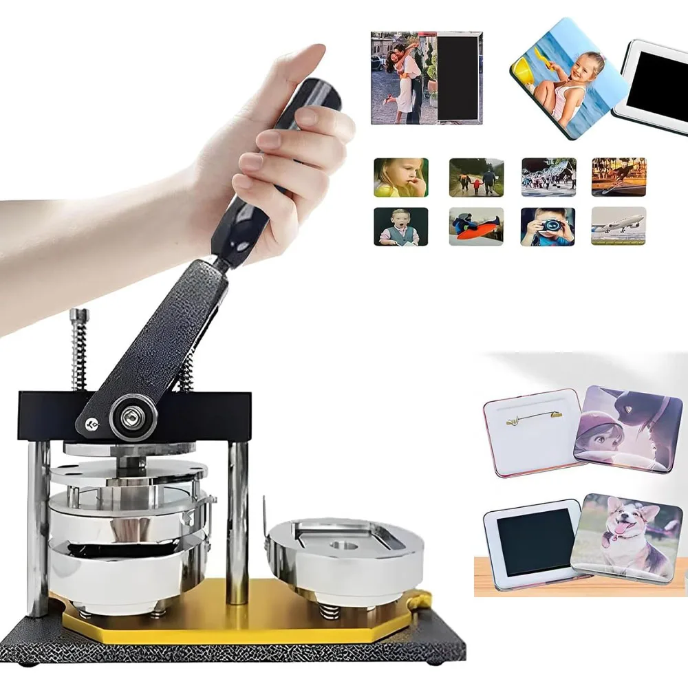 

50 * 50mm Square Refrigerator Fridge Magnet Maker Machine, DIY Button Badge Press Maker Kit with 100 Pieces Consumables Optional