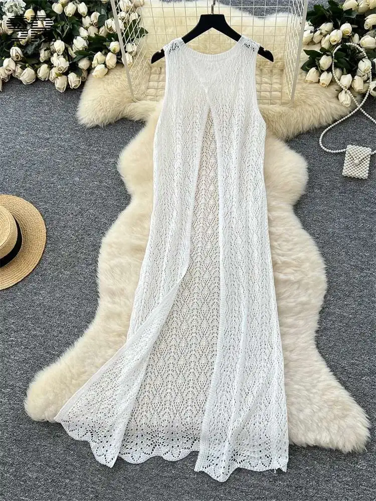 Babyoung split casual vestido de malha 2025 verão suave sem mangas o pescoço sobre camisa oco para fora feminino coreano praia vestidos longos