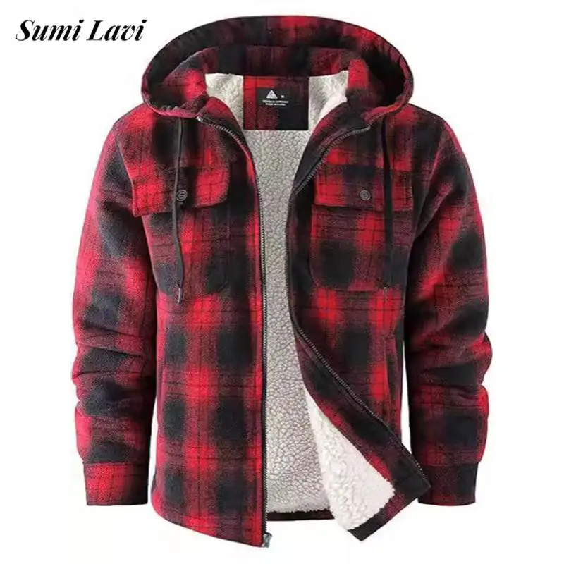 2024 Fall Winter Mens Warm Outerwear Fleece Lining Flannel Plaid Coats For Men Stylish Long Sleeve Zipper Hooded Jacket Men Coat