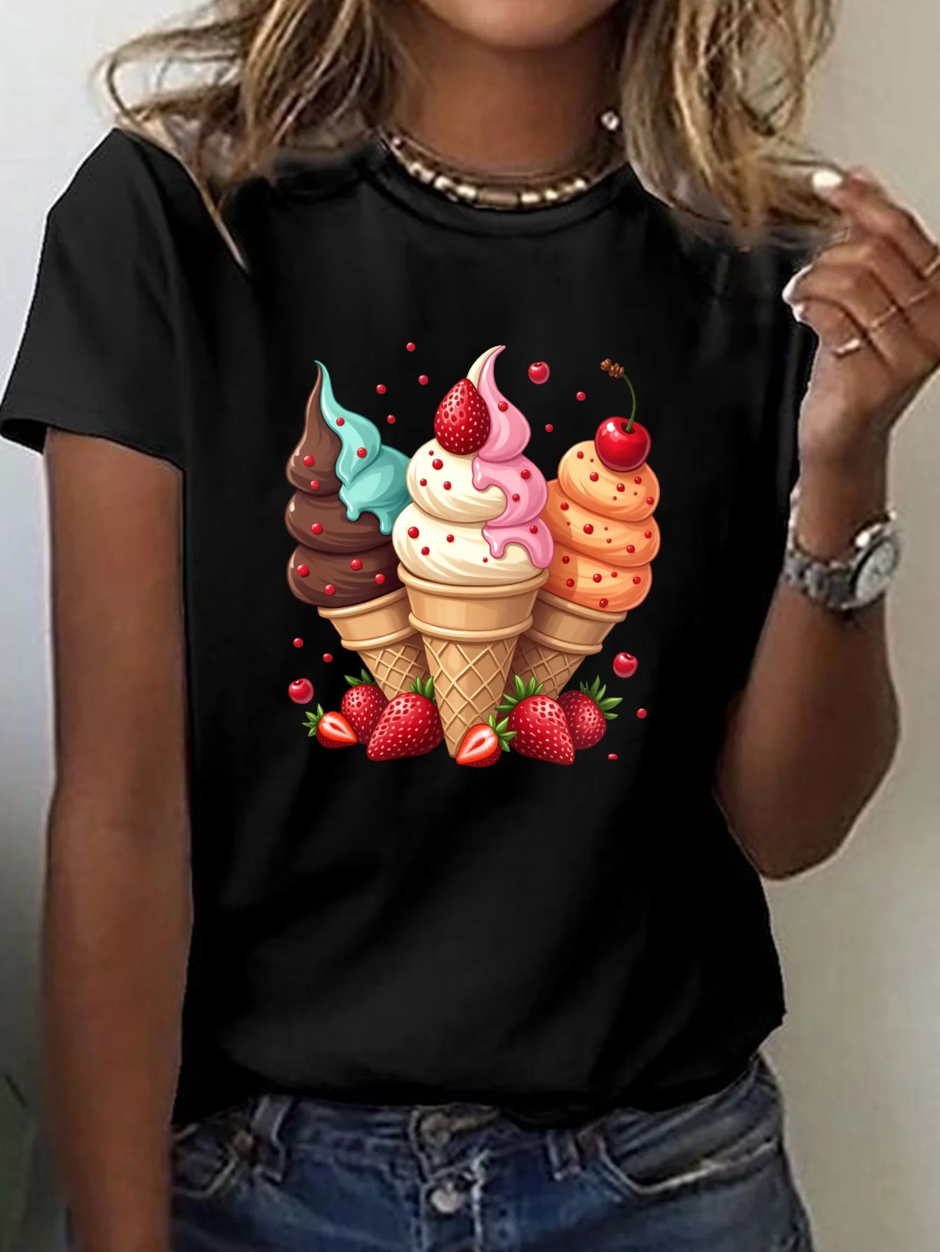 Vibrant Summer and Spring T-Shirt for Women Colorful Ice Cream Cone  Strawberry Print T-Shirt Casual Crew Neck Short Sleeve Top