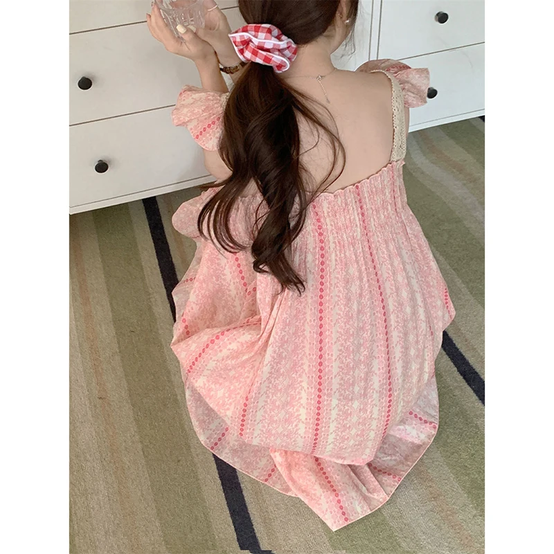 Lace Sleepwear Woman Fly Sleeves Summer Nightgown Korean Nightwear Night Dress V-neck One Piece Pajamas Sleeping Home Wear 2024