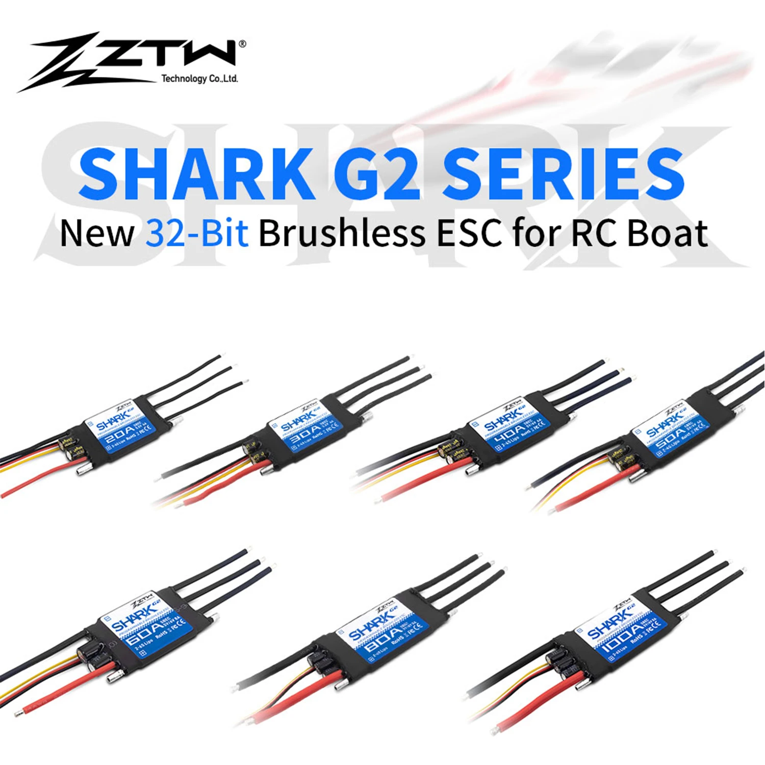 

ZTW ESC Shark 20A/30A/40A/50A/60A/80A/100A G2 импульсный BEC 5В/6В 8A 32-битный двунаправленный бесщеточный контроллер скорости для лодки RC