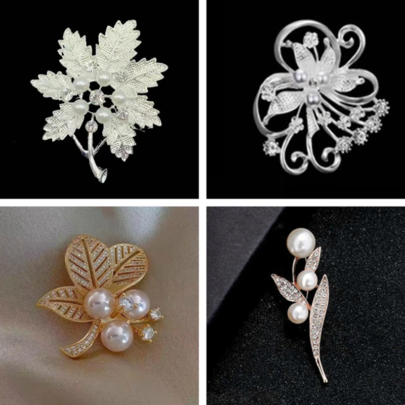Maple Leaf Crystal Brooches Fashion Corsage Pins Imitation Pearl Flower Brooches or Women Wedding Bridal Party Jewelry