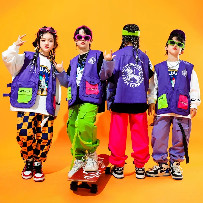 Hip Hop Teen Kids Colorful Cargo Pants Purple Vest Top Boys Girls Streetwear Clothes Suit Children Jazz Street Dance Stage Sets