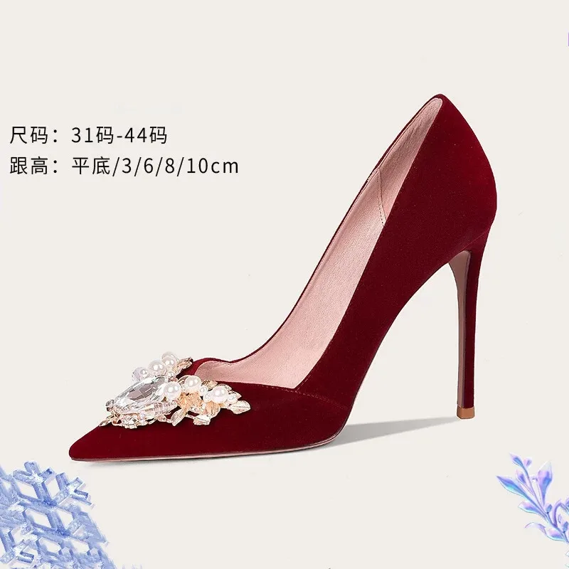 

Spring and summer new pointy fleece rhinestone flat sole single shoes thin high heels banquet dress large small women's shoes