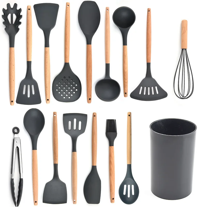 Wooden Handle Silicone Kitchen Utensil Cookware Spatula Turner Spoon Optional