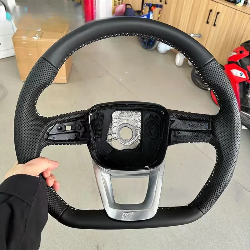

For Audi Q5 FY Q7 4M Q8 S RS Leather Steering Wheel | White Stitching Perforated Design with Logo