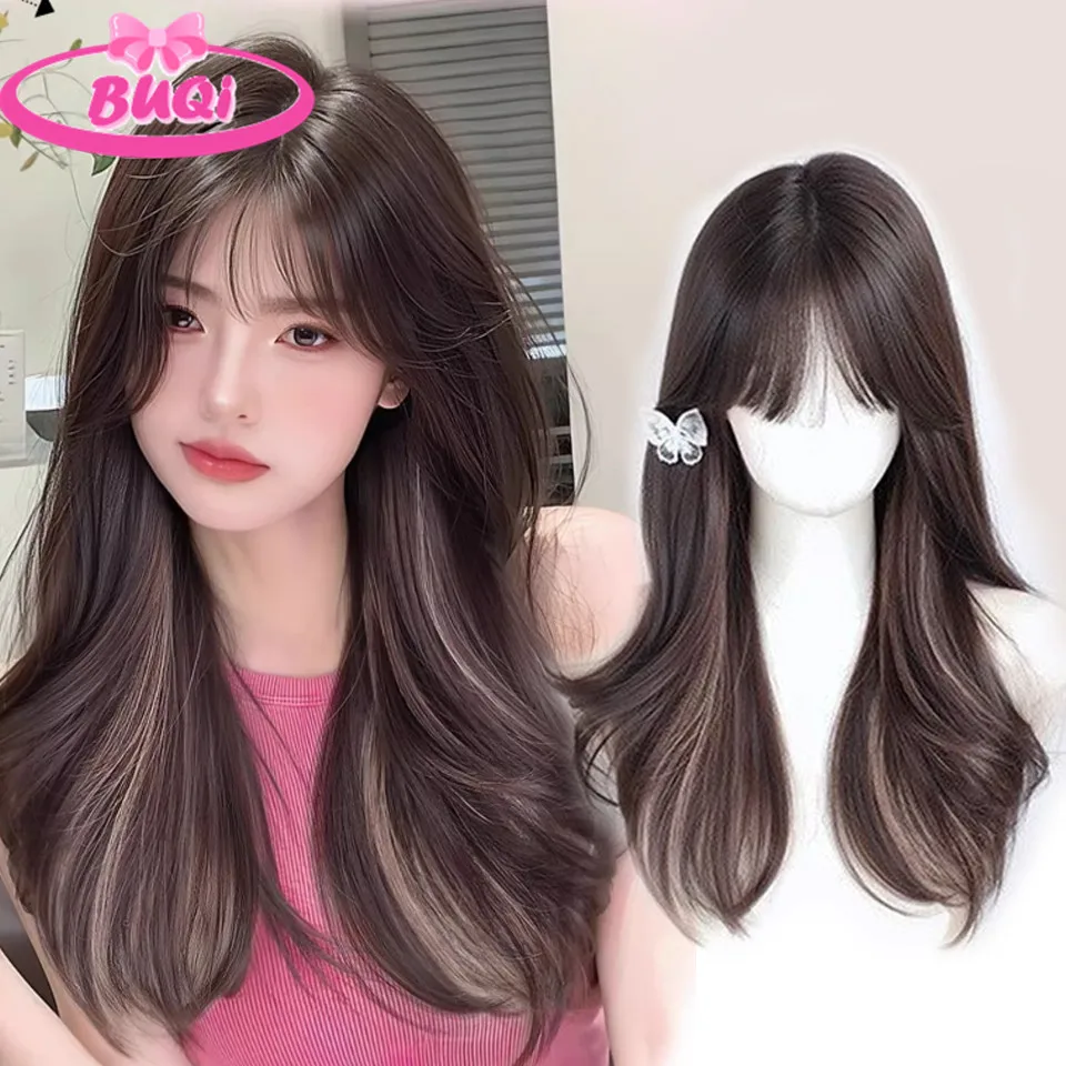 Black Long Straight Synthetic Wigs for Cosplay Ash Highlights Natural Hair Wig with Bangs for Women Heat Resistant Party Hairs