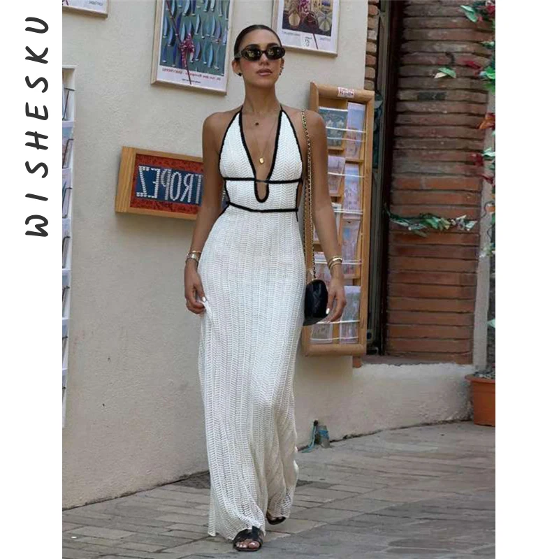 

Sexy Halter Lace Up Backless Knitted Maxi Dress Women Cut Out See Through Bohemian Beach Sundress 2024 Summer Vacation Clothes