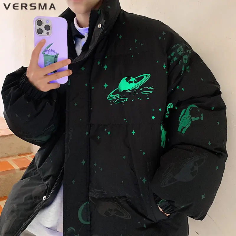 VERSMA Japanese BF Cotton Padding Luminous Reflective Winter Coat For Men Stand Collar Baseball Jacket Women Parkas Dropshipping