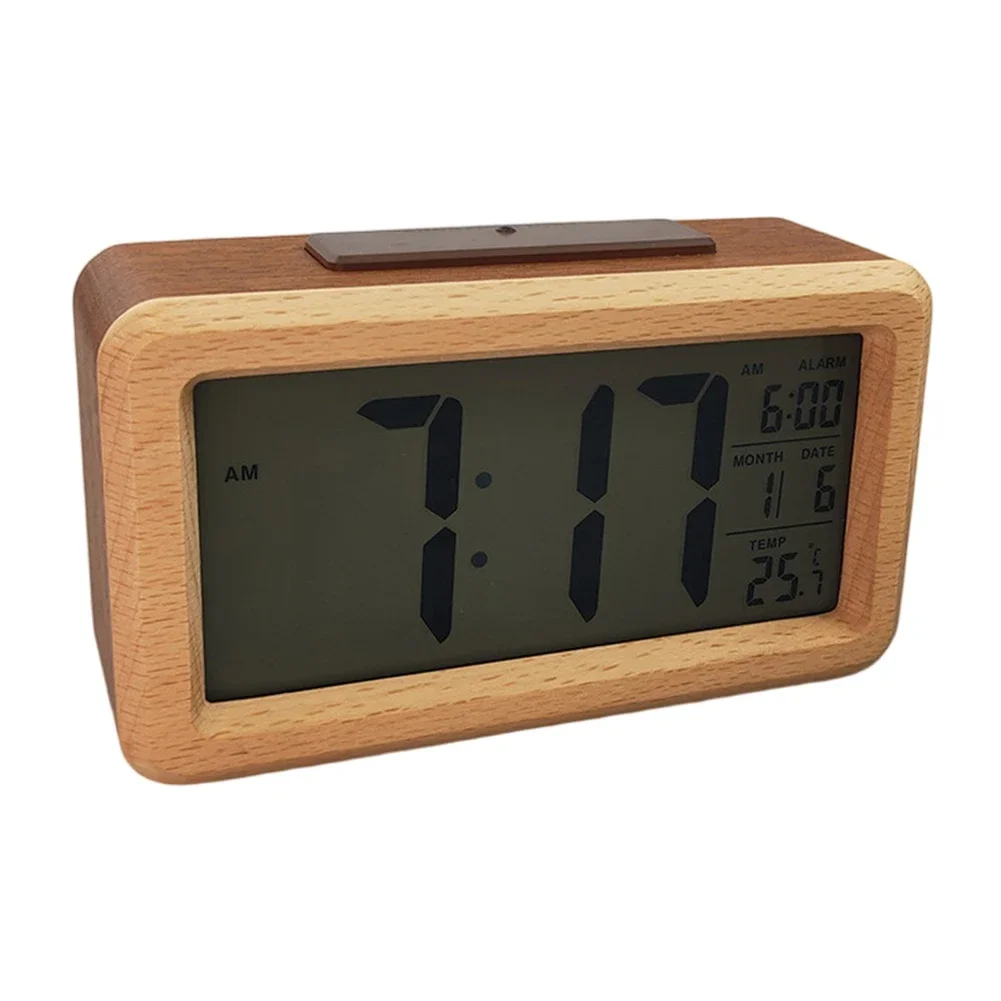 Minimal Wooden Alarm Clock with LED Display Showing Time and Temperature Adjustable Alarm Tone and Snooze for Personalized Use