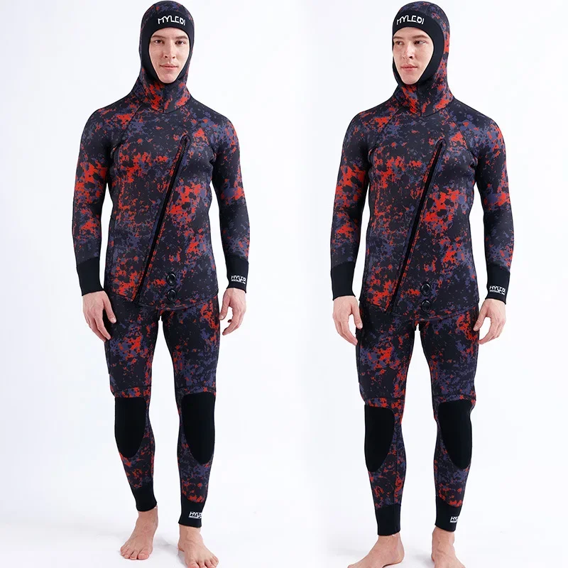 5mm Men's Camouflage Wetsuit Long Sleeve Fission Hooded 2 Pieces of Neoprene Submersible for Men Keep Warm Diving Suit