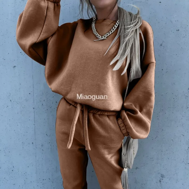 Women\'s Elegant Long Sleeve Outfit Warm Solid Color Hoodie Casual Two-piece Set Female Overalls Zipper Pocket Winter Femme Monos