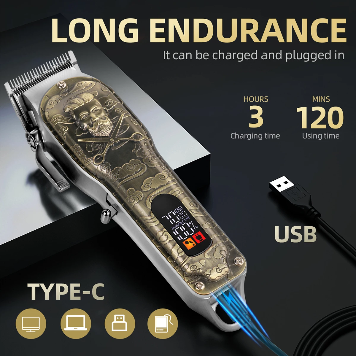 KiKiDO Professional LCD Screen Hair Clipper Cordless Rechargeable Barber Trimmer 7000RPM 8 Guards Precision Cutting Hair Trim