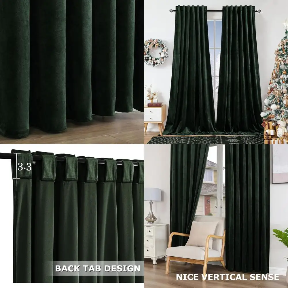 

Luxury Dark Green Velvet Curtains, Back Tab Design, Soft Vintage Style, Thermal Insulated for Bedroom, 52x108, 2 Panels
