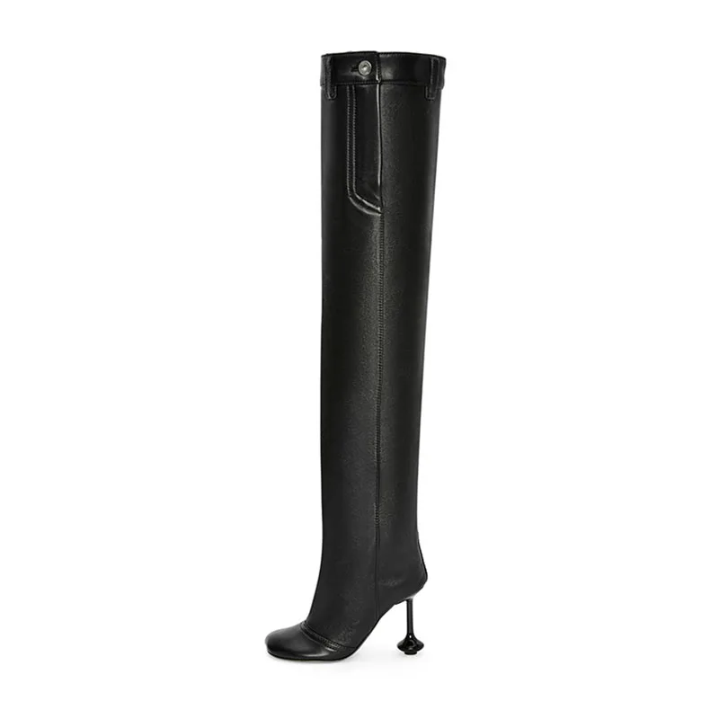 Arden Furtado 2024 Strange Style heel Thigh high boots Round toe Super high heel Patchwork Slip-on Pleated Modern boots