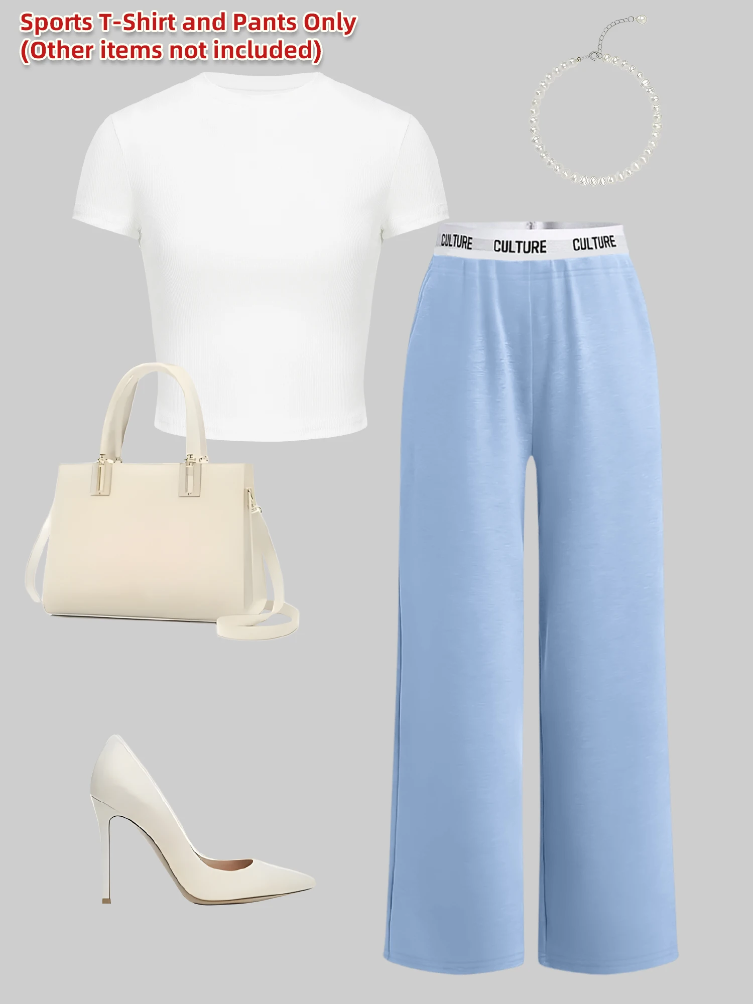 

Daily Casual Women's Ribbed Matching Set Short Sleeve Crop Top + Letter Waist Wide Leg Trousers