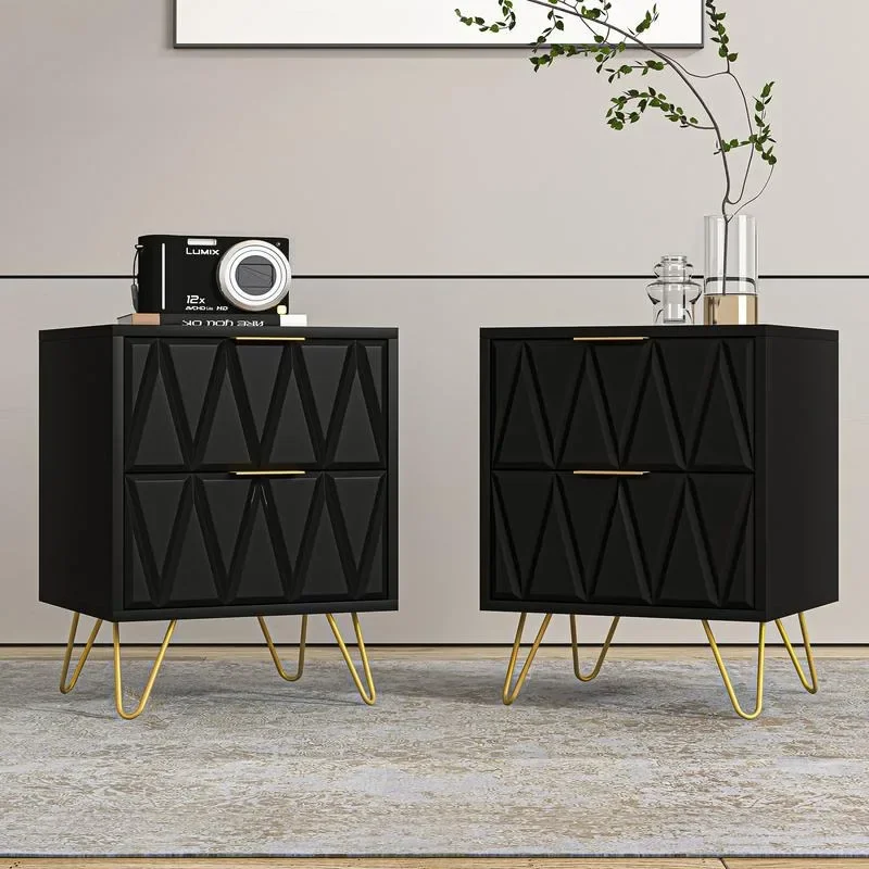 2pcs Nightstand Modern Bedside Table with 2 Drawers & Gold Metal Legs, Simple and Elegant Bedside Table,Night Stand Metalg Room