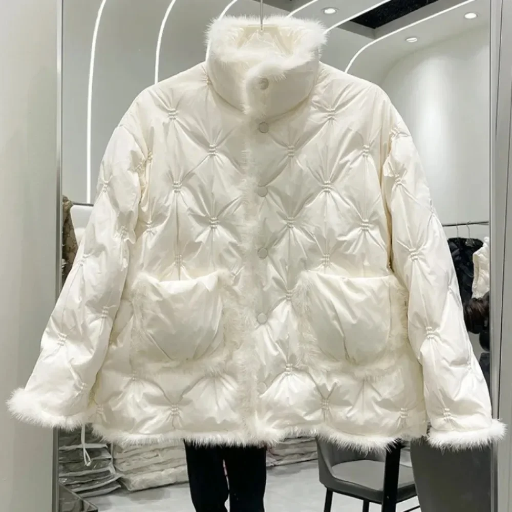 OFTBUY New Stand Collar Loose White Duck Down Coat Fashion Women Winter Embroidery Natural Mink Fur Down Jacket Warm Parker