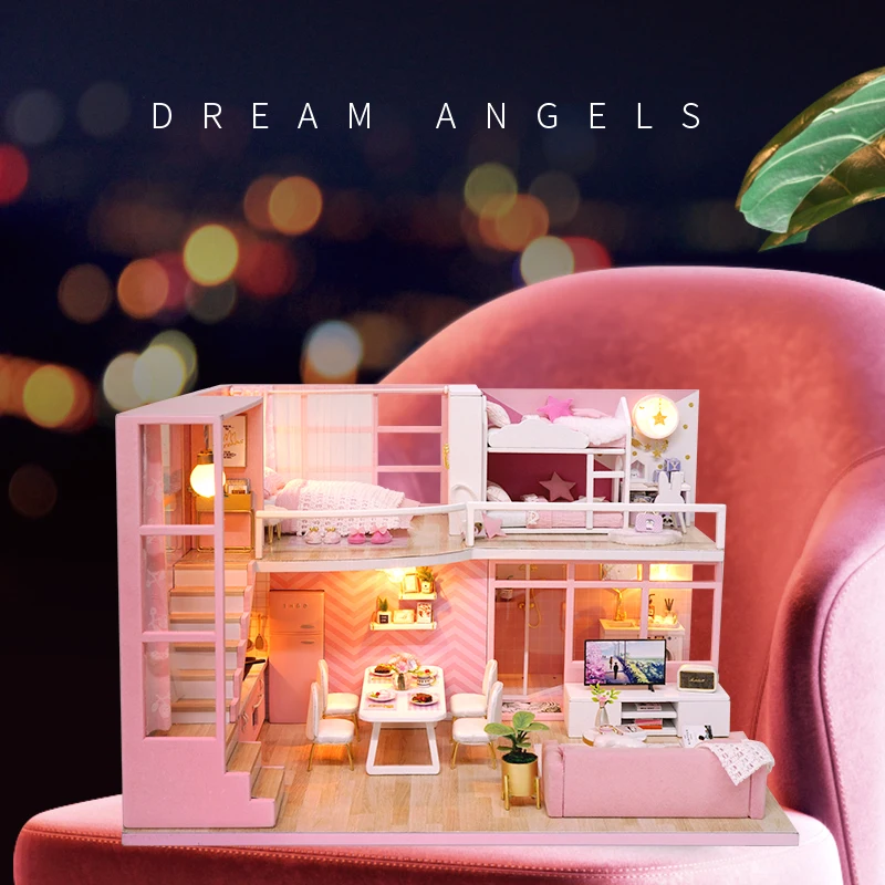 Wooden Miniature Doll House DIY Duplex Apartment Production 3D Puzzle Assembly Building Wooden Toys Decoration With LED Lights