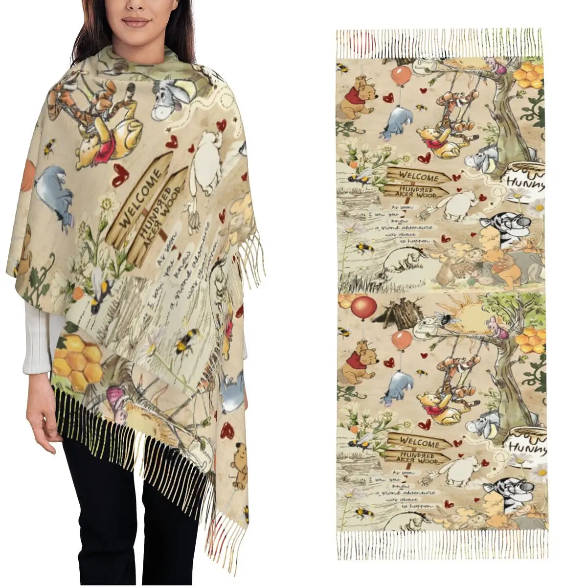 

Женская зимняя шаль с Винни-Пухом, большой длинный шарф, пашмины, шаль, шарфы