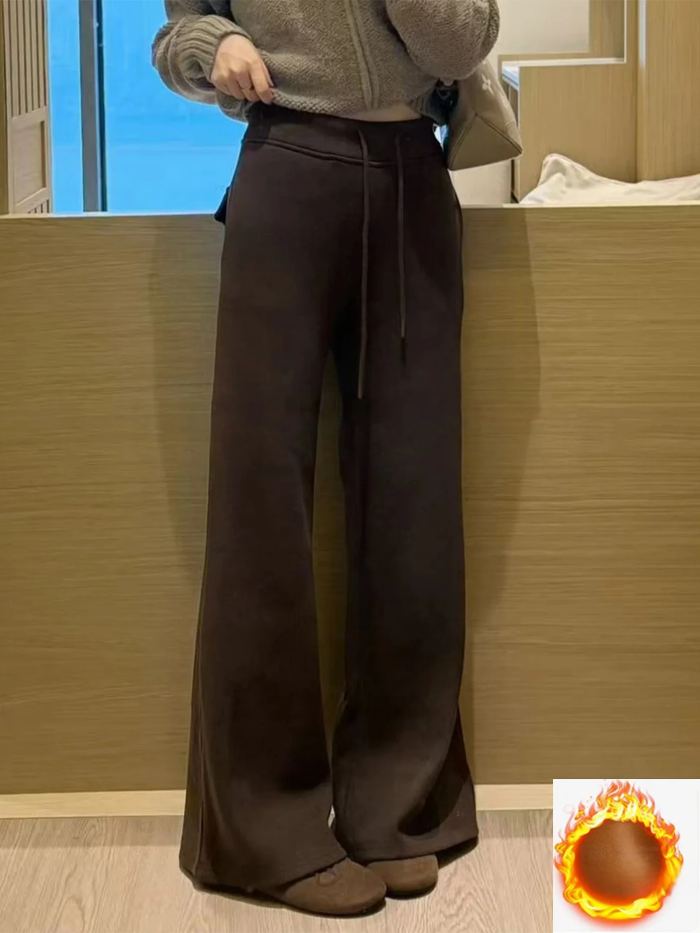 

Fashionable Korean Style Coffee Colored Fleece Lined Flared Casual Pants Women's High Waist Straight Leg Floor Length Trousers