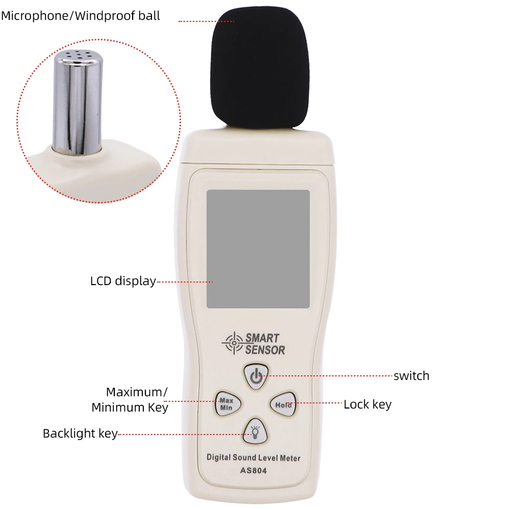 Smart Sensor AS804 Digital Sound Level Meter 30-130dBA Noise Monitoring Decibel Analyzer Portable Noise Meter for Library Office