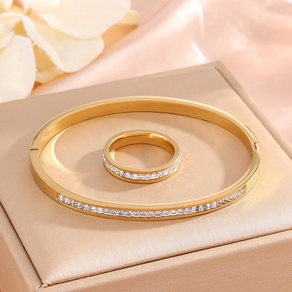 Stainless Steel Bangle Ring Set with Cubic Zirconia for Women