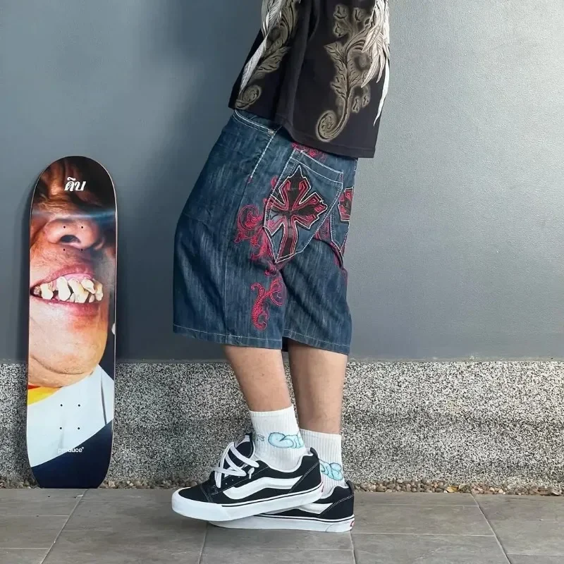 Pantalones cortos de Hip Hop para hombre, ropa de calle con gráfico cruzado Retro, Y2K, pantalones vaqueros holgados, pantalones cortos de gimnasio, pantalones cortos de baloncesto góticos Harajuku