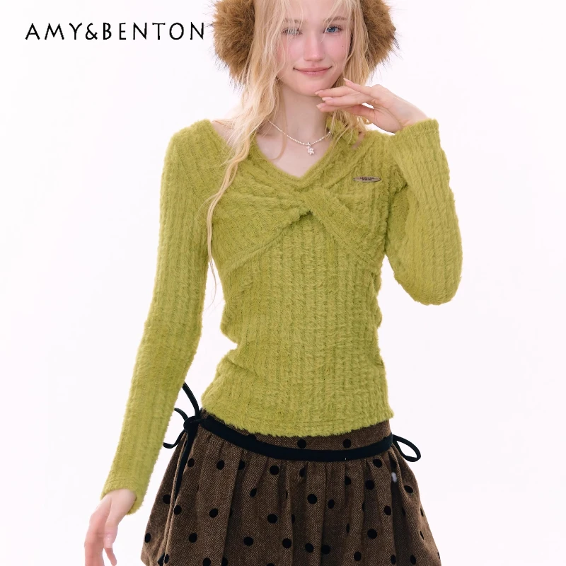 2025 خريف شتاء جديد تويست التخسيس المرأة قاع قميص علوي الأمريكية الرجعية تصميم الرسن بلوفر مغزول البلوزات السيدات #1