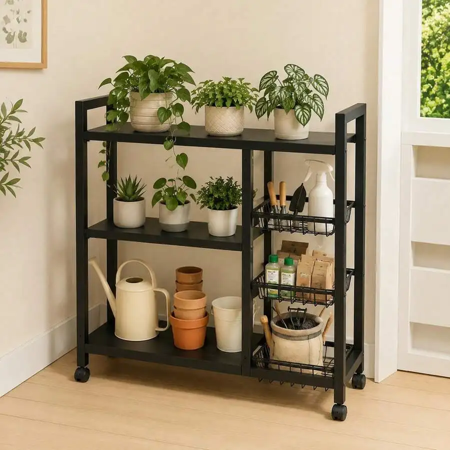 1pc Mobile Storage Rack, Adjustable 4-Tier Kitchen Shelving Unit With 3 Wire Baskets, Kitchen Storage Organizer, Wheeled Metal Shelf, Suitable For Garage, Pantry, Bathroom And Closet, Perfect Warm Housewarming Gift For New Homes view 5